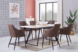 Life Interiors Life Interiors - Juego De Comedor Toga Lux Zarah: Mesa De Comedor Extensible Blanca Y Juego De 6 Sillas De Comedor De Cuero Marr&oacute;n Oscuro - Comedor Co