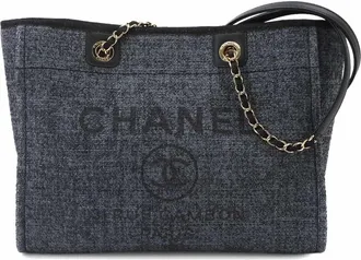 Chanel Navy Straw Leather Handbag Tote Bag (Pre-Owned)