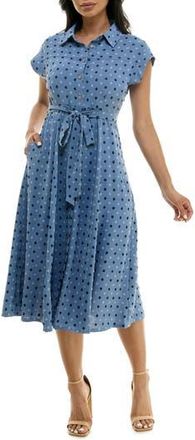 Nina Leonard Swiss Dot Cap Sleeve Midi Shirtdress in Denim Multi at Nordstrom Rack, Size Large