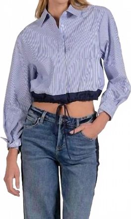 Elan Long Sleeve Button Down Top With Tie Waist In Blue Stripe