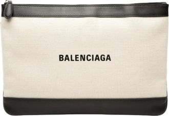 Balenciaga Pre-owned Navy Clip Clutch - Dames - Vintage Clutch - Beige - ONE Size - Leer - Vintage