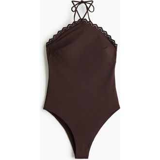 H&M Padded-cup Halterneck Swimsuit in Dark Brown at Nordstrom, Size X-Large