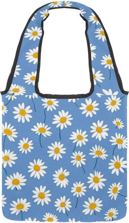 Generic Blue White Daisy Reversible Canvas Shoulder Tote - Double-Sided Print, 12oz Cotton, 27cm Drop, Fold-Flat Bag for Travel, Shopping, Street Outings
