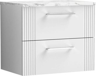 Nuie Nuie - Deco Wall Hung 2-Drawer Vanity Unit with Carrera Marble Worktop 600mm Wide - Satin White