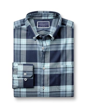 CHARLES TYRWHITT Button-Down Collar Non-Iron Twill Large Checkered Cotton Shirt - Denim Blue Size Small by Charles Tyrwhitt