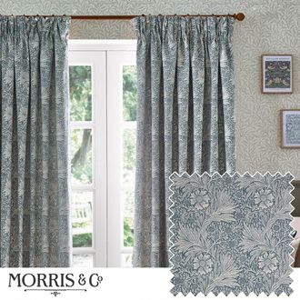 Morris & Co. Marigold Jacquard Floral Room Darkening Pencil Pleat Curtains in Indigo | Size: 229 cm width x 183 cm drop