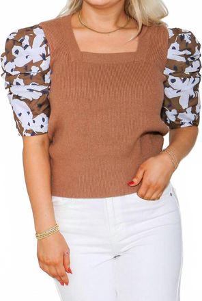 THML Clothing Ruched Print Sleeve Knit Top In Brown