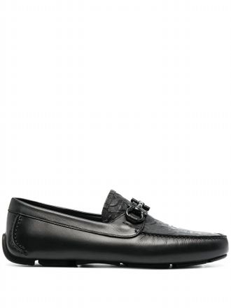 Ferragamo Mens Leather Gancini-Logo Loafers In Black