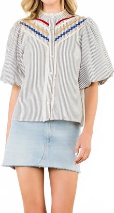 THML Clothing Puff Sleeve Striped Ric Rac Button Up Top In Grey