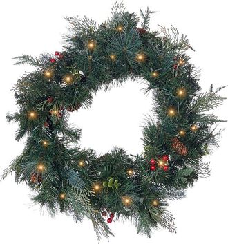 Beliani Beliani - Corona De Navidad Con Pi&ntilde;as Sint&eacute;ticas Y Bayas Para Puerta Con Luces Led 60 Cm Verde Elbrus
