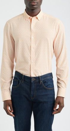 Johnston & Murphy XC+ Football Print Performance Button-Down Shirt in Orange at Nordstrom, Size Xx-Large