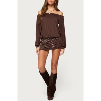 Edikted Stud Off the Shoulder Long Sleeve Backless Minidress in Brown at Nordstrom, Size X-Large