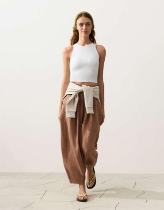 Oysho Pantaloni a palloncino 100% lino a righe color cuoio m&eacute;lange-Marrone