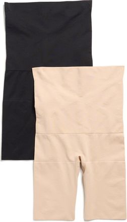Skinny Girl 2-Pack Seamless Double Layer High Waist Long Leg Shaping Shorts in Pale Oak/Black at Nordstrom Rack, Size X-Large