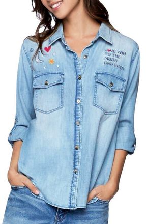 BILLY T To the Moon & Back Embroidered Denim Graphic Button-Up Shirt at Nordstrom, Size X-Small