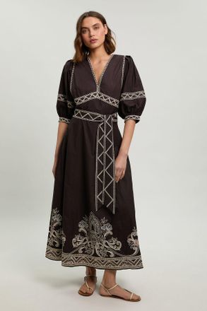 Karen Millen Womens Embroidered Detail Belted Midi Dress - Chocolate Cotton - Size 12 UK