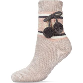 MeMoi Snowflake Pompom Fleece Lined Slipper Socks in Taupe at Nordstrom, Size 9