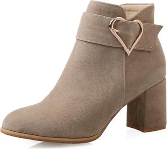 Generic Womens Retro Heart Buckle Ankle Shoes Round Toe Block Heel Synthetic Suede Comfortable Non Slip Durable for Daily Office Party Fashion Wear,Apricot,3.