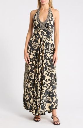 La Fiorentina Printed Maxi Halter Dress in Black/White at Nordstrom Rack, Size Small