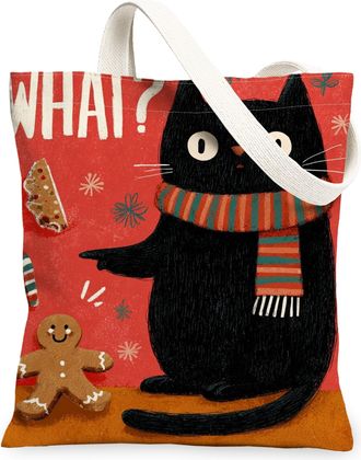 Generic Festive Cat Canvas Tote Bags, Cute Feline Gingerbread Design Reusable Grocery Bags, Vintage Lightweight Washable Shoulder S, Red, 13x15 Inch