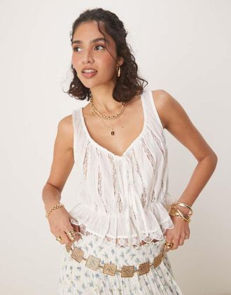 Free People Alana - Top senza maniche stile boh&eacute;mien color avorio con inserti in pizzo-Bianco