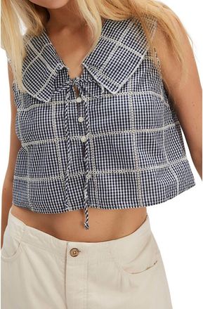 Free People Waiting For Me Crop Cotton Button-Up Top in Navy Combo at Nordstrom, Size X-Small