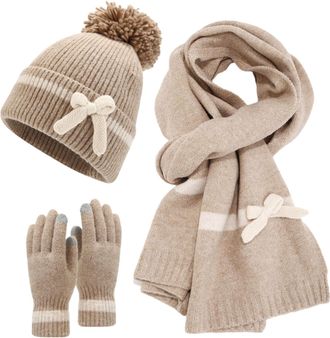 Generic Womens Hat Scarf and Gloves Set Winter Knitted Ladies Fuzzy Socks Thermal Warm Leopard Print Chiffon Fashion Cold Weather Outdoors Windproof Woolen Gl