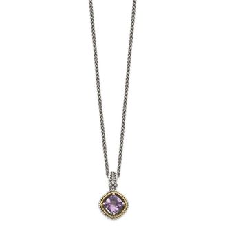 Diamond2Deal Sterling Silver with 14K Accent Cushion Amethyst Pendant Necklace