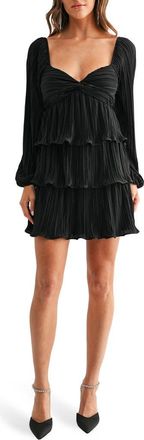 Lush Tiered Long Sleeve Pliss&eacute; Dress in Black at Nordstrom Rack, Size X-Small
