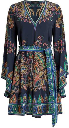 Etro Blue Mini Dress In Silk With Print And Belt