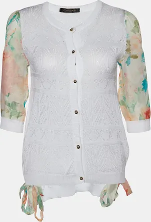Roberto Cavalli White Perforated Knit & Printed Silk Sleeve Cardigan