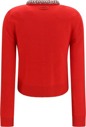 Pinko Womens Colonia Cardigan With Jewel Collar Rosso Ibisco Sweater