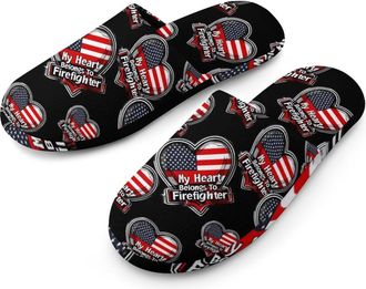 Generic My Heart Belongs To Firefighter Flannel Mens Slip-on Slippers Winter Warm House Shoes with Rubber Sole for Home Hotel