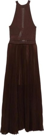 Twinset Maxi jurk met geplooide halterkraag en gehaakt lijfje - Dames - Maxi kleedjes - Bruin - XS - Polyester - Kleedjes