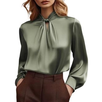 Generic Women Satin Blouse Elegant Smart Bow Tie Neck Long Sleeve Pleated Shirt Ladies Business Casual Office Wear Work Tops(Grey, M)
