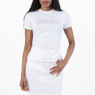 Versace Crystal Logo Fitted Cotton T-Shirt, Brand Size 40 ( US Size 4 )