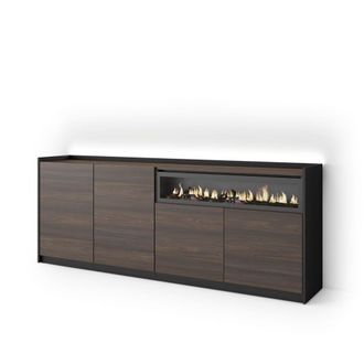 Skraut Home Aparador efecto madera roble y negro 207x37x80cm chimenea efecto fuego