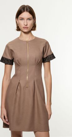 Karen Millen Womens Tailored Twill Lace Mix Zip Front Mini Dress - Taupe - Size 12 UK