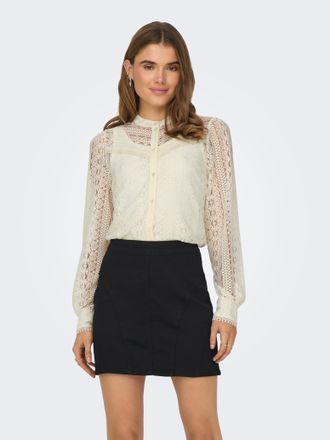 Only Spitzenbluse ONLY ONLREBA LACE L/S SHIRT WVN NOOS, Damen, Gr. S, beige (egret), Web, Obermaterial: 90% Nylon, 10% Elasthan, unifarben, regular fit nor