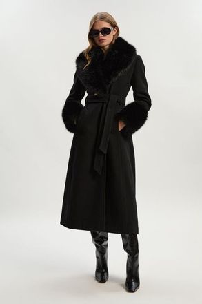 Karen Millen Wool Detachable Fur Belted Midi Coat in Black at Nordstrom, Size 2