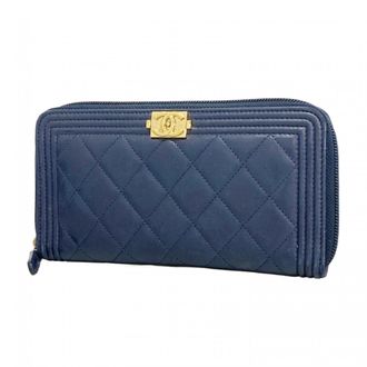 Chanel Navy Leather Long Wallet (Bi-Fold) (Pre-Owned)