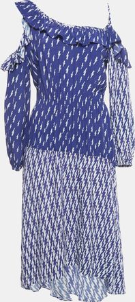 Sandro Blue Lightning Bolt Print Crepe Cold Shoulder Midi Dress