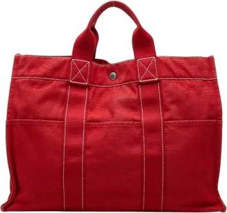 Herm&egrave;s Red Color Cotton Handbag Tote Bag (Pre-Owned)