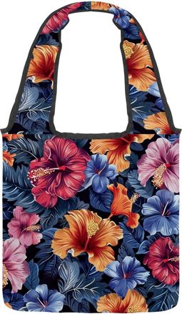 Generic Vintage Hibiscus Flower Reversible Canvas Shoulder Tote - Double-Sided Print, 12oz Cotton, 27cm Drop, Fold-Flat Bag for Travel, Shopping, Street Outin