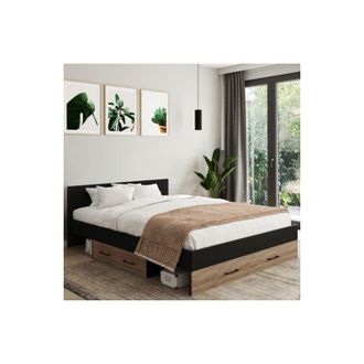 IDMarket Cama doble minea con cajones + nichos de almacenaje y somier de haya efecto madera de 140x190cm