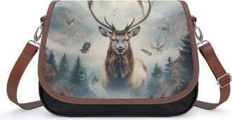 Generic Deer Forests Dense Fog Crossbody Bag Womens Handbag PU Message Bags Shoulder Purse with Adjustable Strap