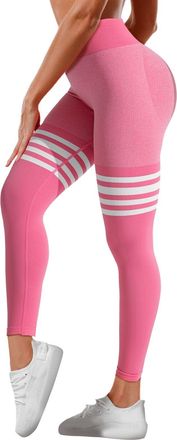Generic Womens Striped Yoga Pants High Waist Back V Crossover Scrunch Butt Lifting Tight Fit Gym Workout Leggings Quick Dry Running Pants for Ladies (Pink, L)