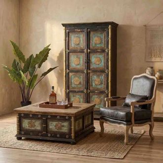 Wanderlust Deco Mesa de centro de madera artesanal 100 x 100 x 47h cm