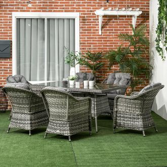 OUTSUNNY 7 PCs Rattan Dining Sets, Outdoor Dining Set with Tempered Glass Umbrella Hole in Grey