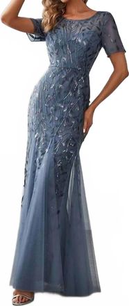 Ever-pretty Long Short Sleeve Dress In Dusty Blue